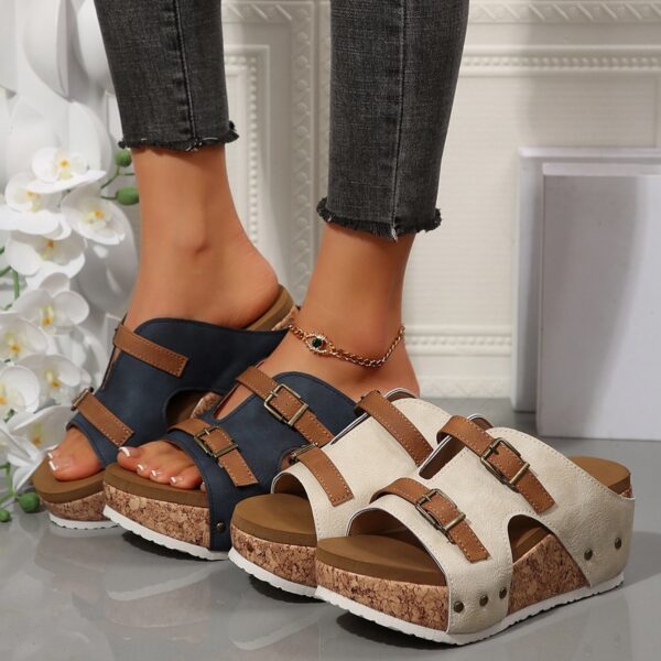 Ins Buckle Wedges Sandals Summer Fish Mouth Thick High Heel Slides Slippers Outdoor Fashion Beach Roman Shoes For Women - Image 3